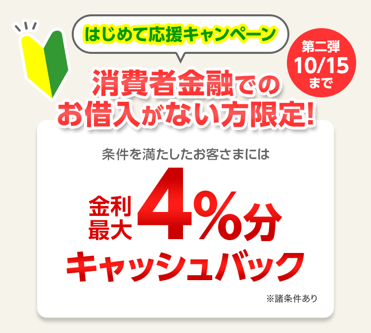 はじめて応援キャンペーン 消費者金融でのお借入がない方限定！ 条件を満たしたお客さまには 金利最大4%分をキャッシュバック ※諸条件あり