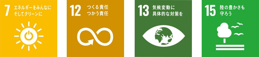 7 エネルギーをみんなにそしてクリーンに 12 つくる責任つかう責任 13 気候変動に具体的な対策を 15 陸の豊かさも守ろう