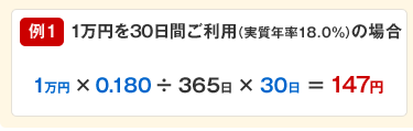 例1 1万円を30日間ご利用（実質年率18.0％）の場合 1万円×0.180÷365日×30日＝147円