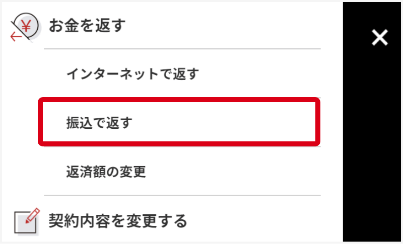 マイページにログインし「振込で返す」をクリックする